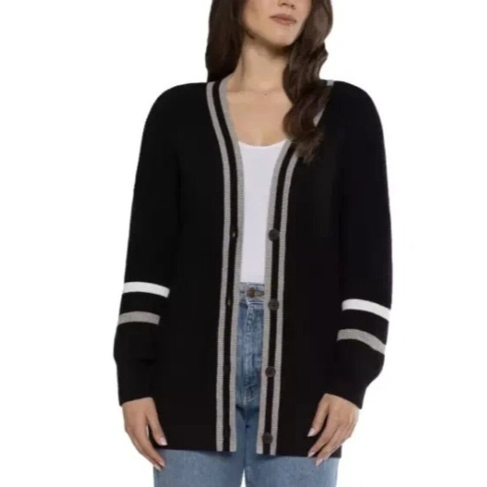 Matty M Womens Lg Varsity Cardigan Ribbed Knit Long Sleeve Button-up Contrasting